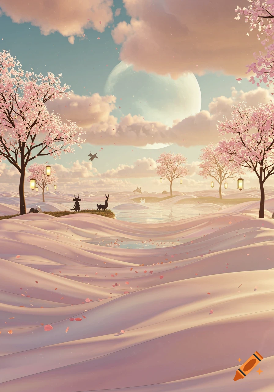 A serene, dreamlike landscape with pastel pink dunes, cherry blossom trees, and a large moon in the sky.