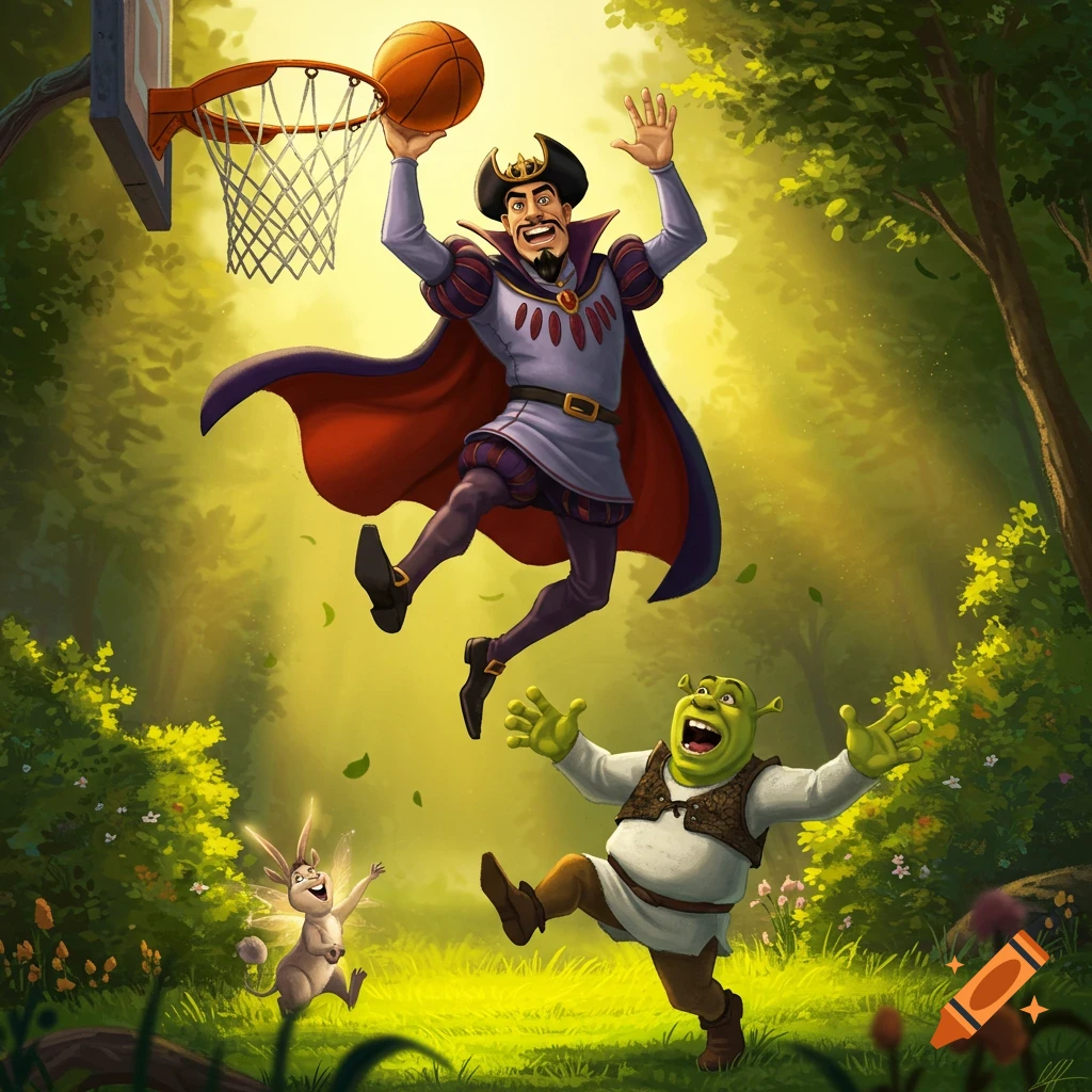 Lord Farquaad dunks a basketball over Shrek and Donkey in a bright, animated forest scene.