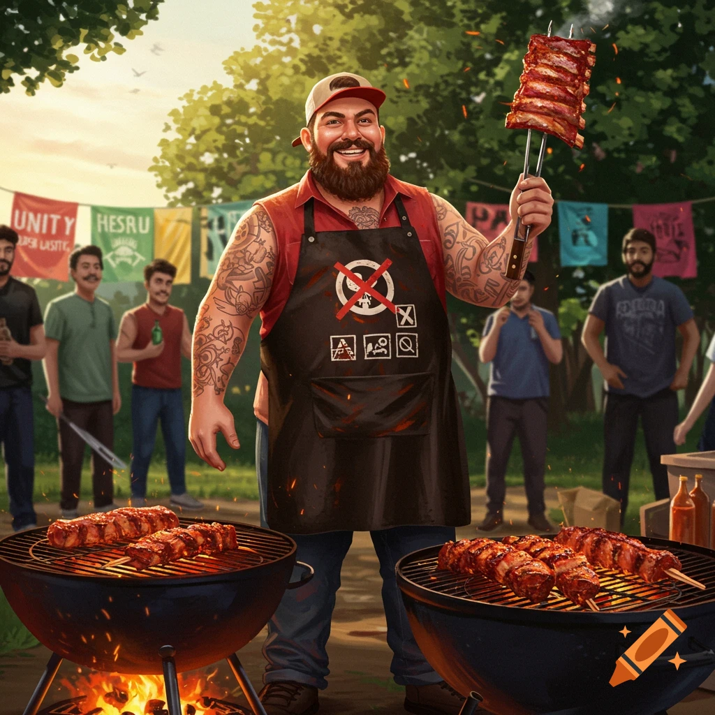 A smiling man with tattoos and a beard, wearing an apron with a crossed-out symbol, holds up a skewer of ribs while grilling outdoors at a community gathering. Other people and banners are in the background.