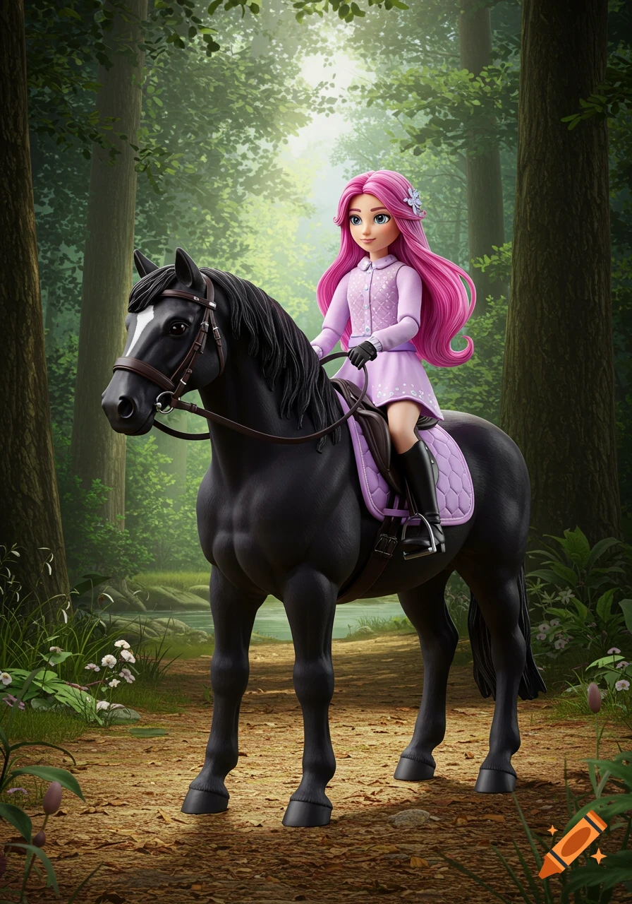 Schleich-style illustration of a girl with pink and purple hair riding a black horse on a forest path.