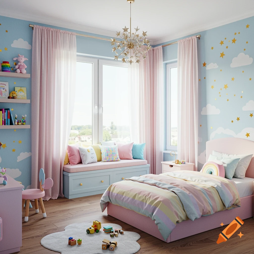 Bright and cheerful kids bedroom with pink and blue decor, a bed, window seat, shelves with toys, and a cloud-shaped rug.