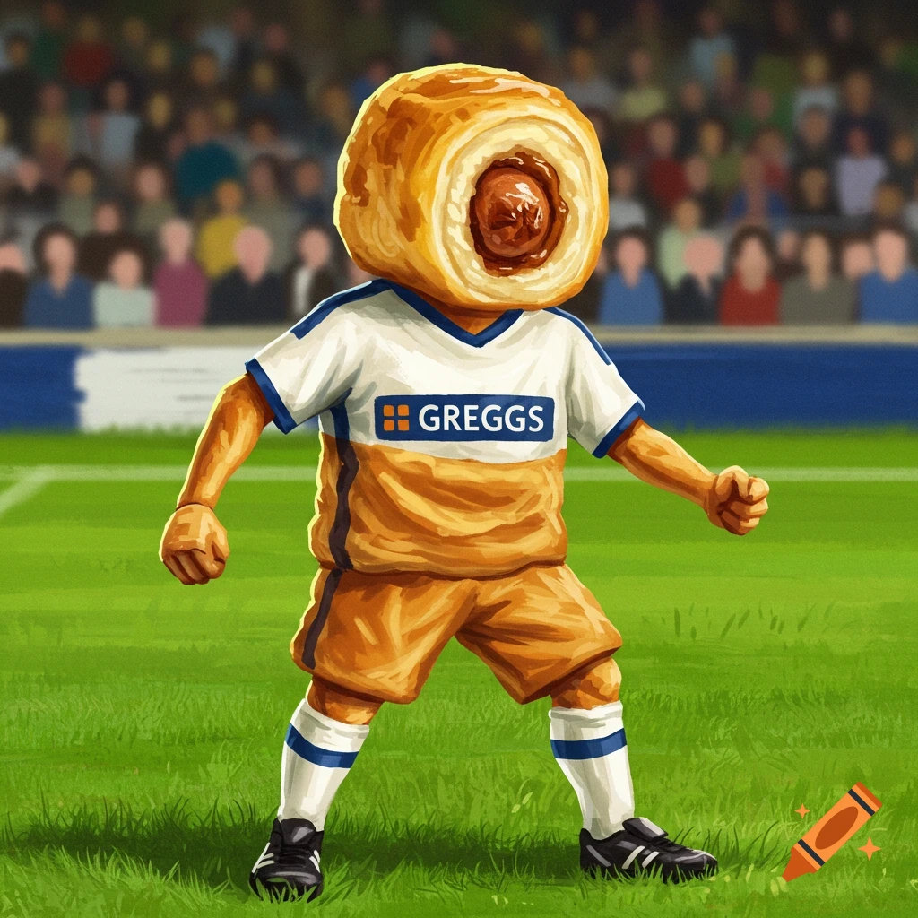 A humanoid soccer player with a Greggs sausage roll head, wearing a white and orange uniform on a field with blurry spectators, in a painterly style.