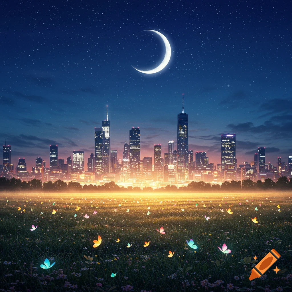 A vibrant field of glowing butterflies in front of a sparkling city skyline at night under a crescent moon.