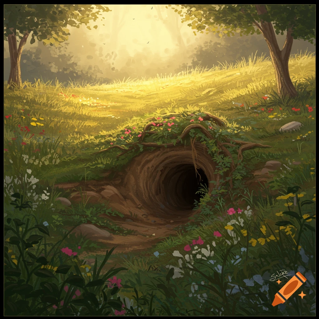 Whimsical painting of a sunlit forest clearing with a dark animal burrow at the base of a grassy, wildflower-covered hill.