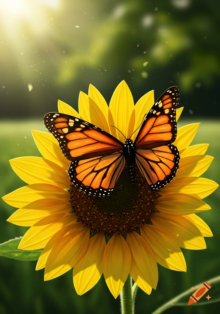 A vibrant monarch butterfly with orange and black wings rests on a bright yellow sunflower in soft sunlight.
