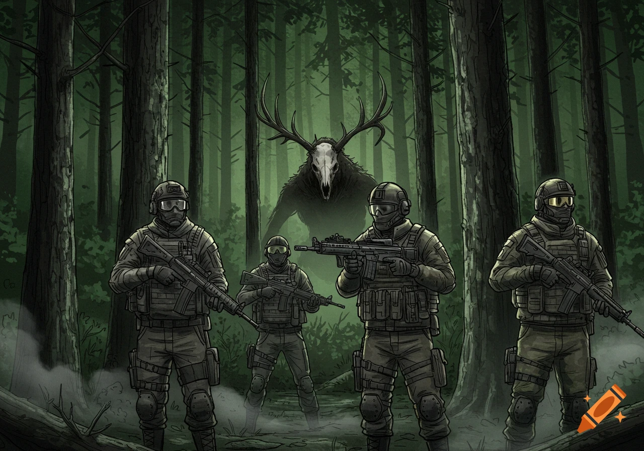 Four armed soldiers in a dark pine forest confront a large, shadowy wendigo creature with antlers and a skull face, in a stylized illustration.