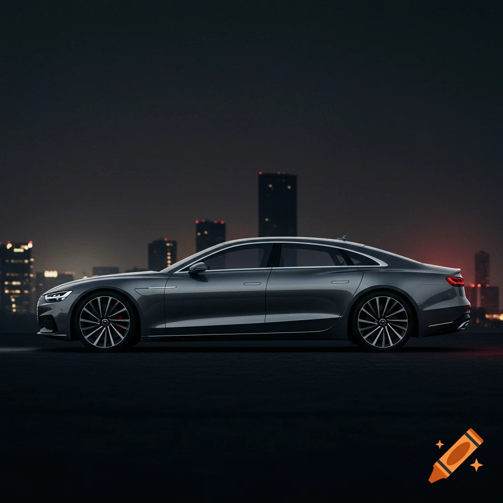 Sleek grey luxury sedan parked at night with a blurred city skyline.