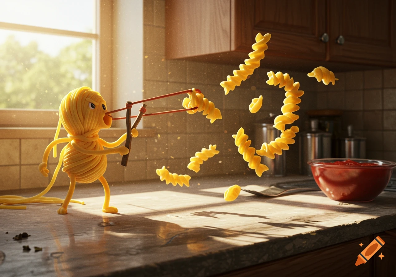 A whimsical, photorealistic scene of a pasta character with a slingshot, shooting fusilli pasta across a kitchen counter.