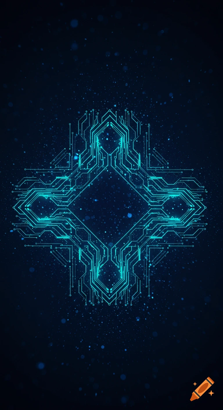 A symmetrical, glowing teal circuit board pattern with small blue particles on a dark blue background.