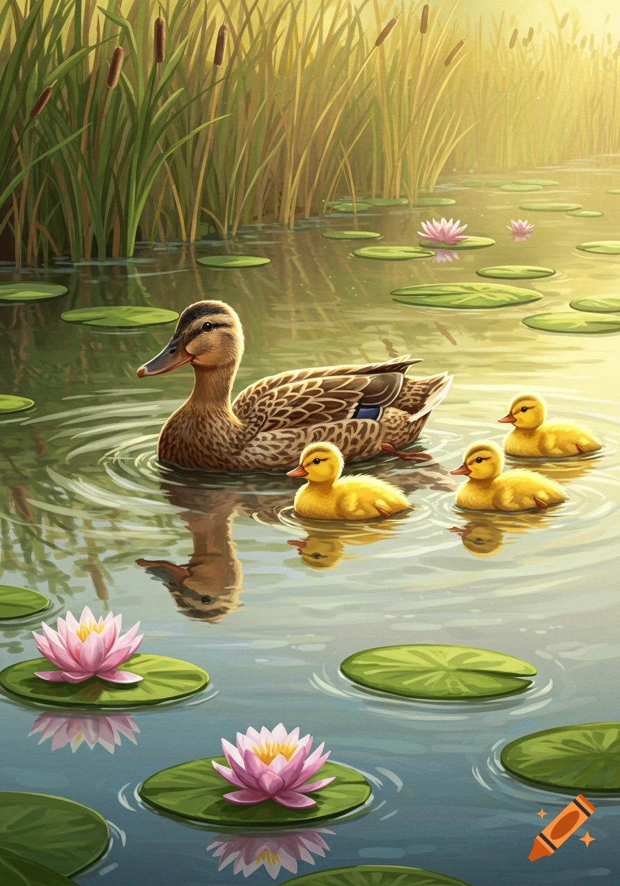 A mother duck and three ducklings swim in a pond filled with lily pads and tall reeds, depicted in an illustrated style.