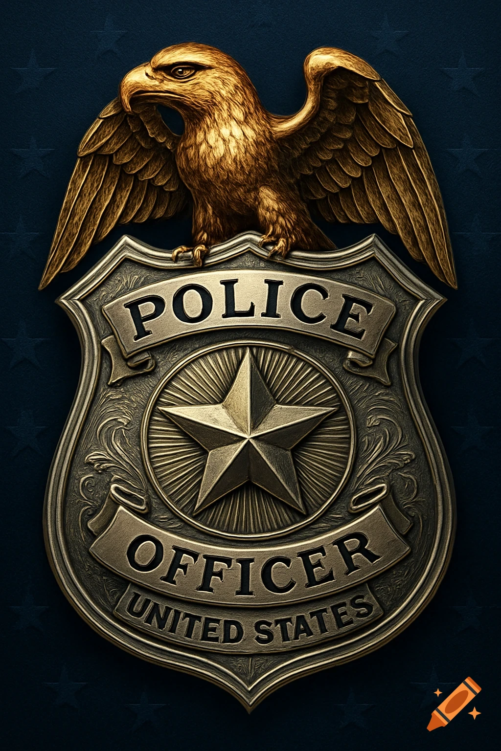 A gold and silver police officer badge with an eagle atop a shield with a star and the words 'POLICE OFFICER UNITED STATES'.