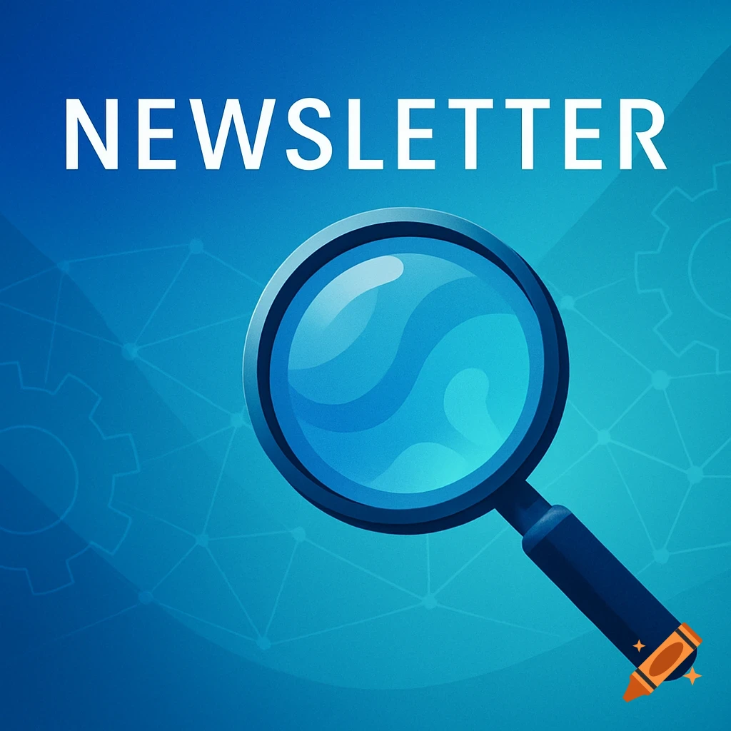 Blue banner with 'NEWSLETTER' in white text above a magnifying glass, over a blue background with a subtle geometric pattern.