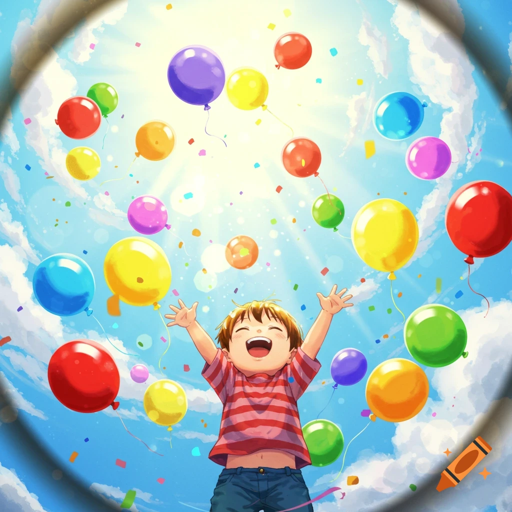 A cheerful anime child with arms raised, surrounded by colorful balloons and confetti against a bright blue sky.