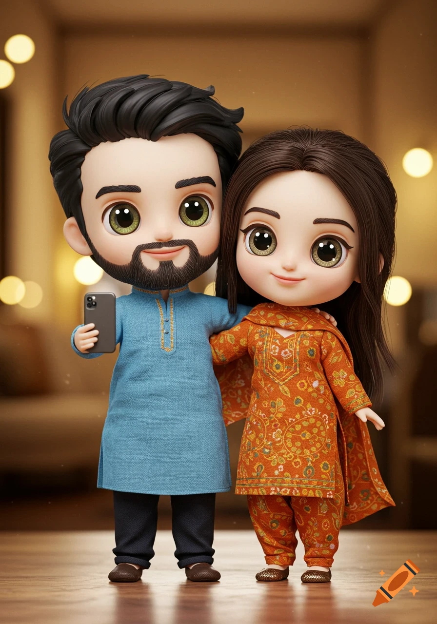 A cute 3D chibi doll couple: a man in a blue kurta holding a phone, and a woman in an orange salwar kameez. Warm background.