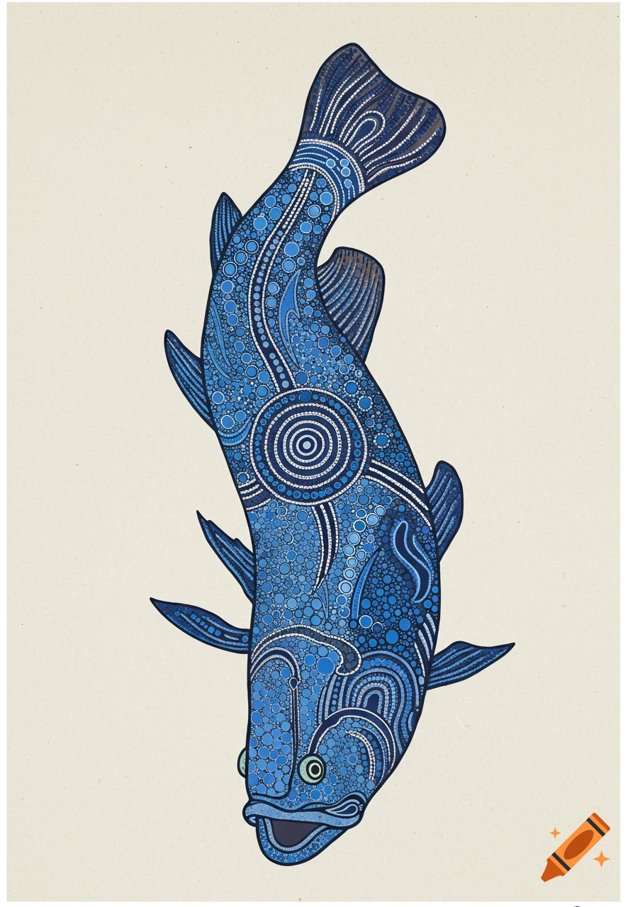 A blue barramundi fish illustration in aboriginal dot painting style, angled upwards to the right on a light background.