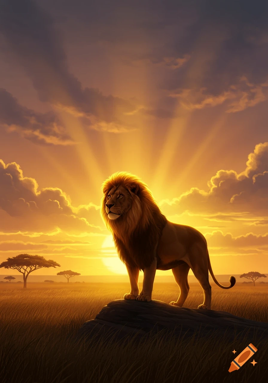 Majestic lion stands on a rock in a savanna at sunset, golden light rays pierce the clouds.