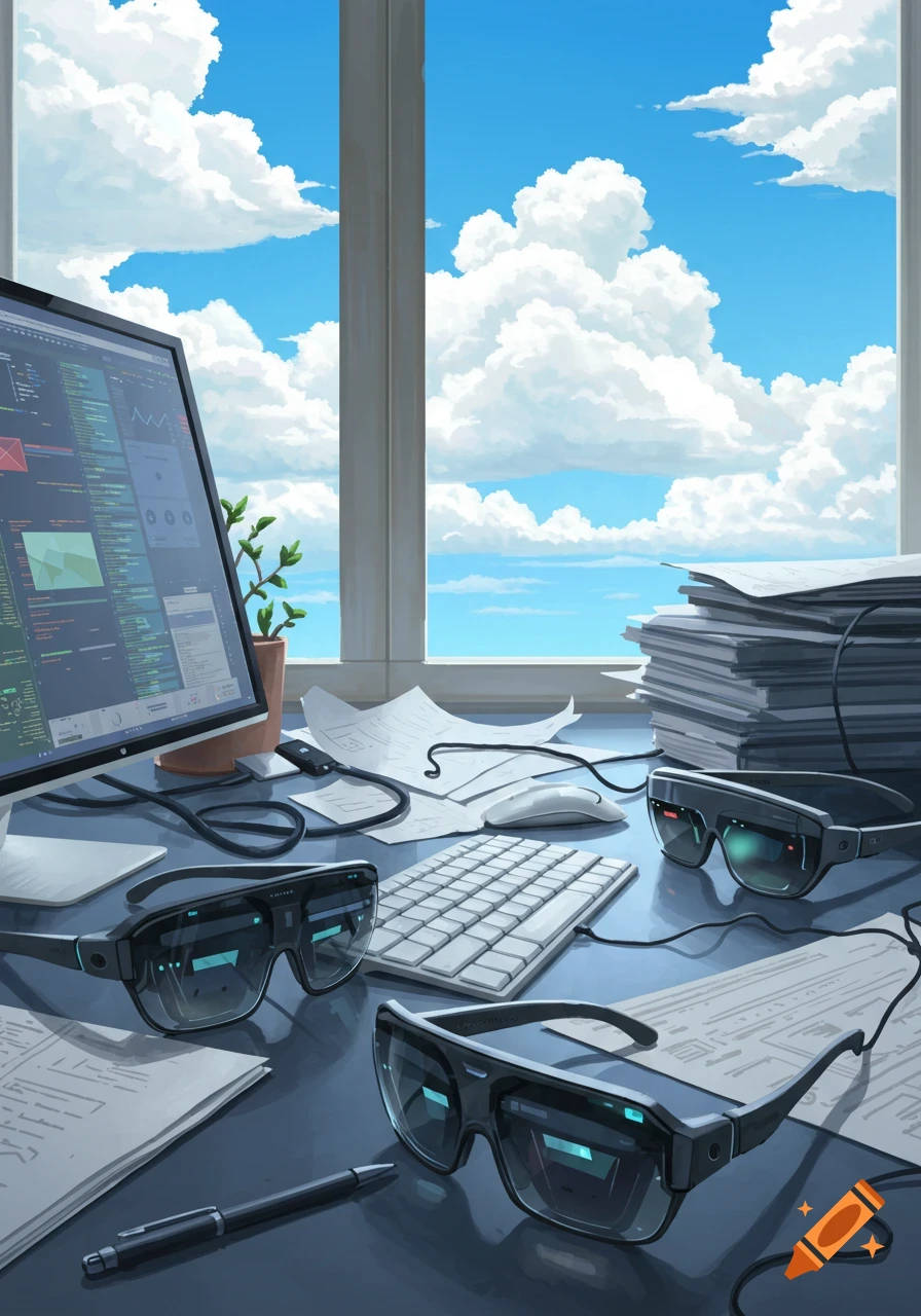 An anime-style messy computer desktop with a monitor displaying code, a keyboard, mouse, two pairs of AR glasses, papers, and a plant, set against a large window showing a bright blue sky with clouds.