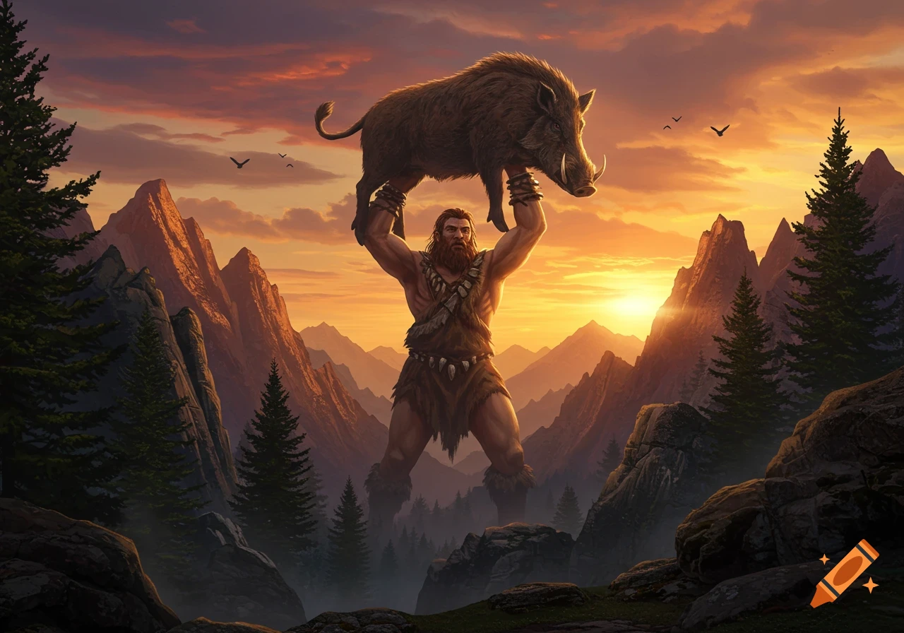 A powerful giant hoists a large wild boar over his head against a dramatic sunset in a mountainous, forested landscape, digital art.