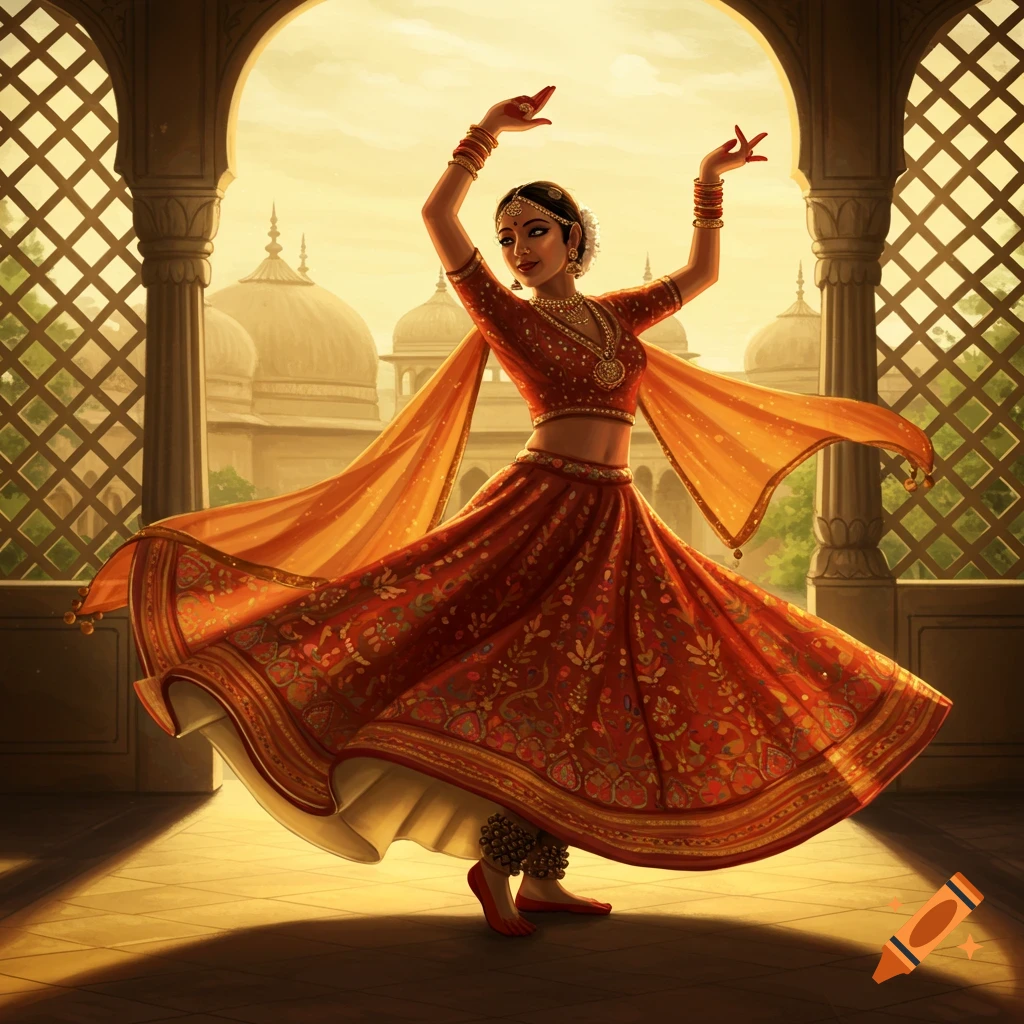 A woman in a vibrant red and orange lehenga choli performs a traditional Indian dance in an ornate archway, bathed in golden light.