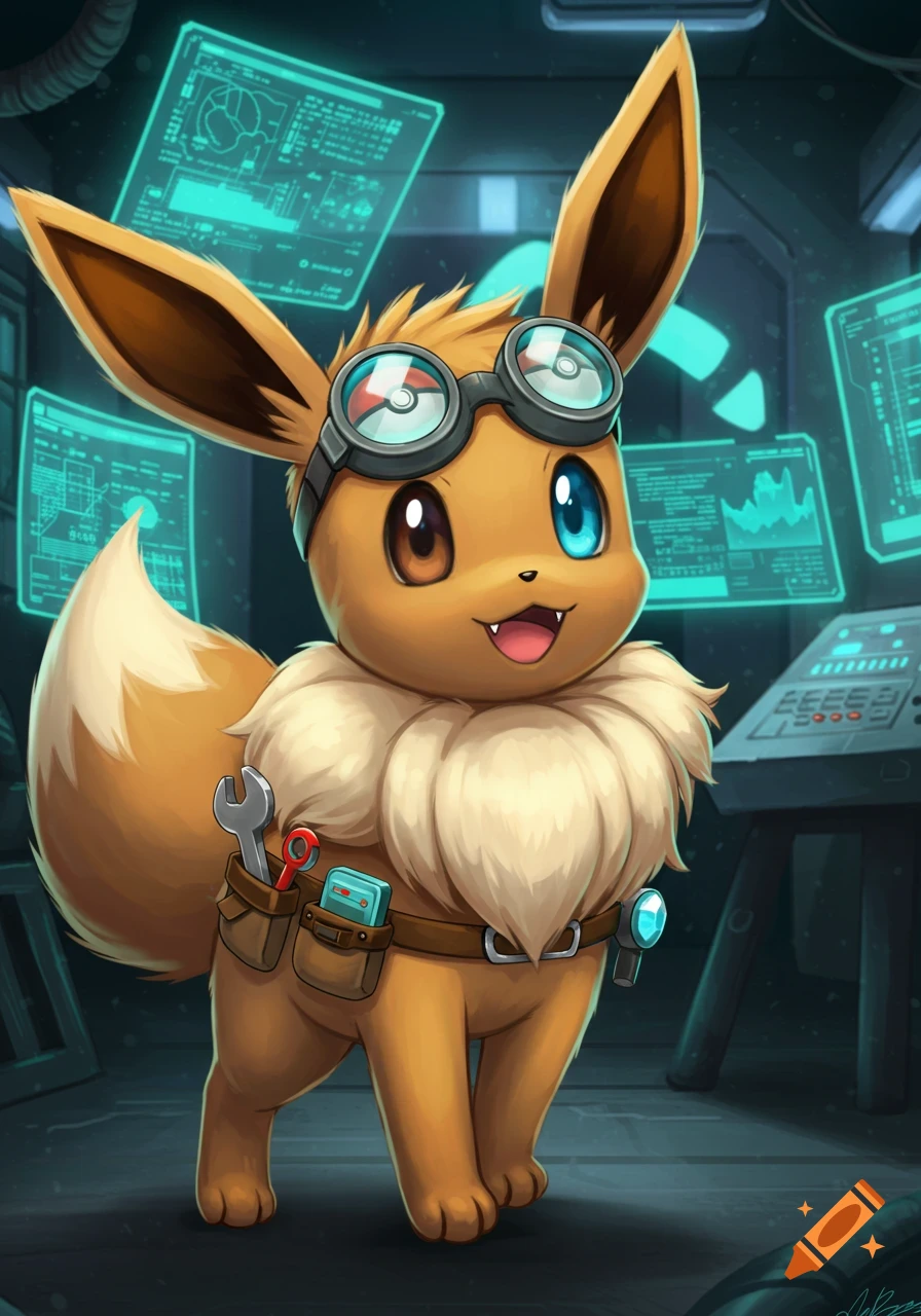 A cute Eevee in goggles and a utility belt with tools stands in a sci-fi workshop with glowing screens, looking like a mechanic.