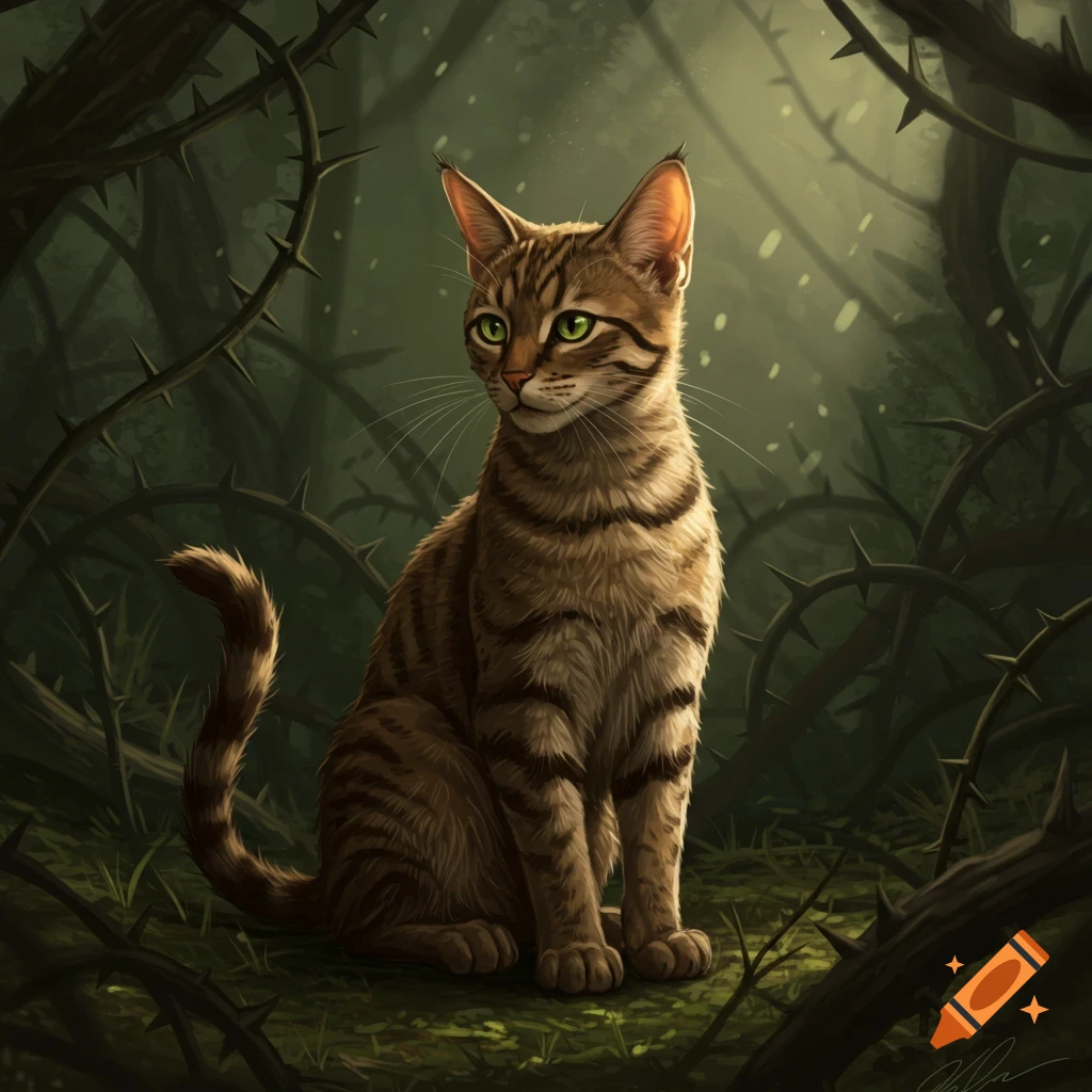A brown tabby cat with bright green eyes sits amidst dark, thorny brambles in a shadowy forest, illuminated by a beam of light, in a digital illustration style.