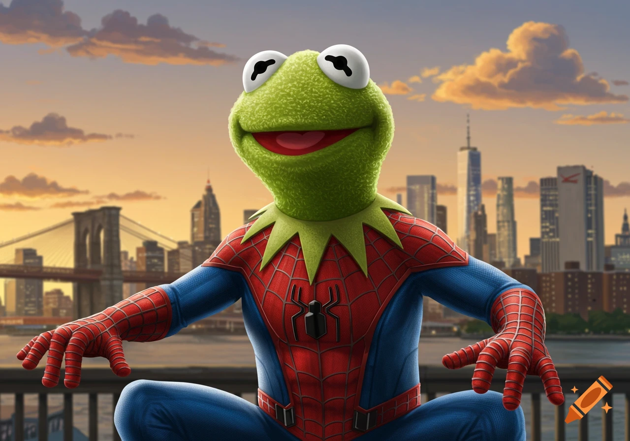 Kermit the Frog dressed as Spider-Man sits on a ledge, smiling against a vibrant sunset over a detailed city skyline.