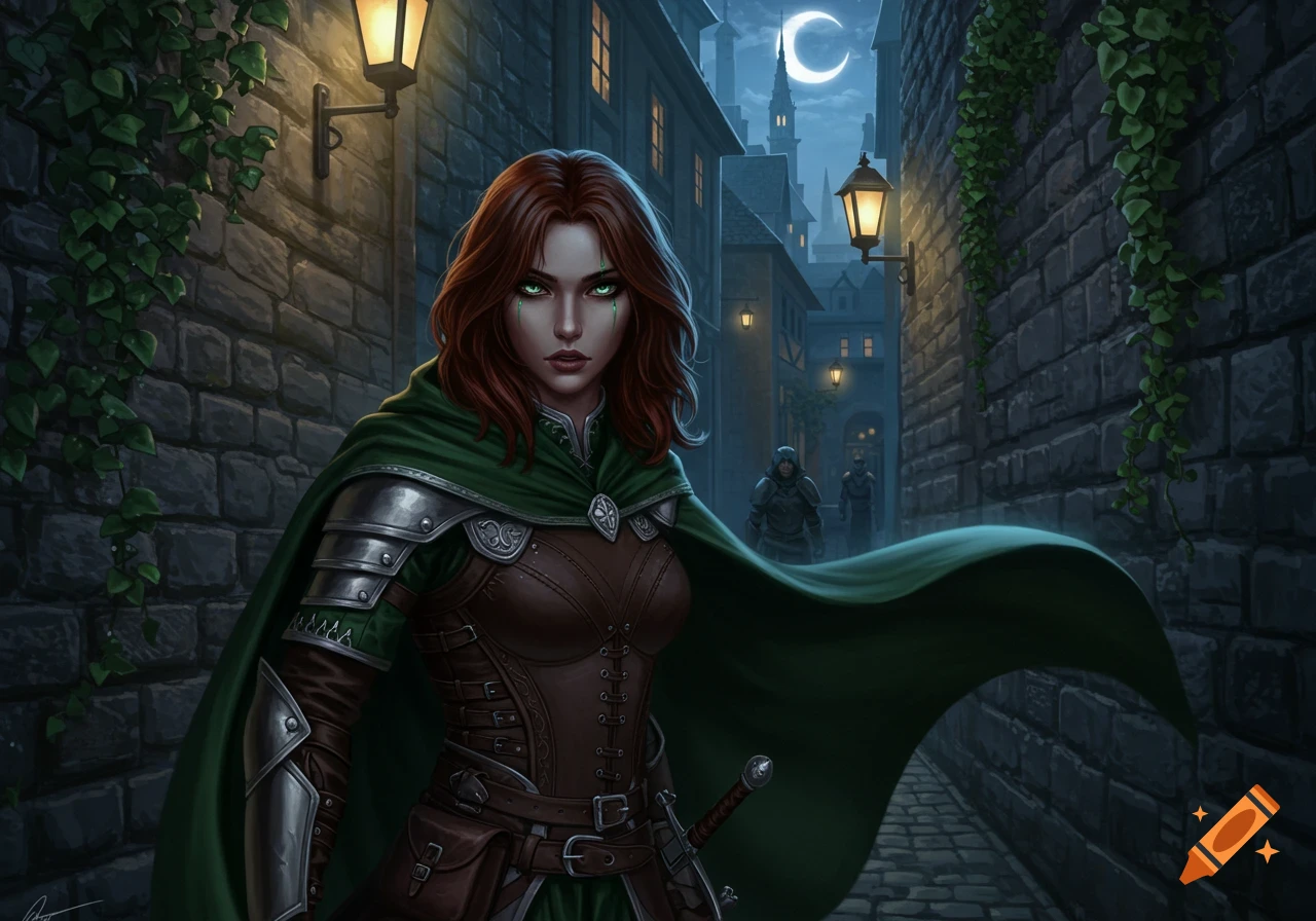 A red-haired female rogue in green and brown armor with glowing green eyes stands in a dark, moonlit medieval alley.