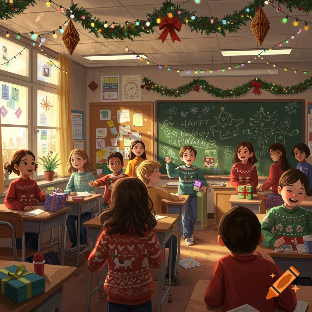 Elementary students celebrate the last day before winter break in a classroom decorated with Christmas lights and garlands.