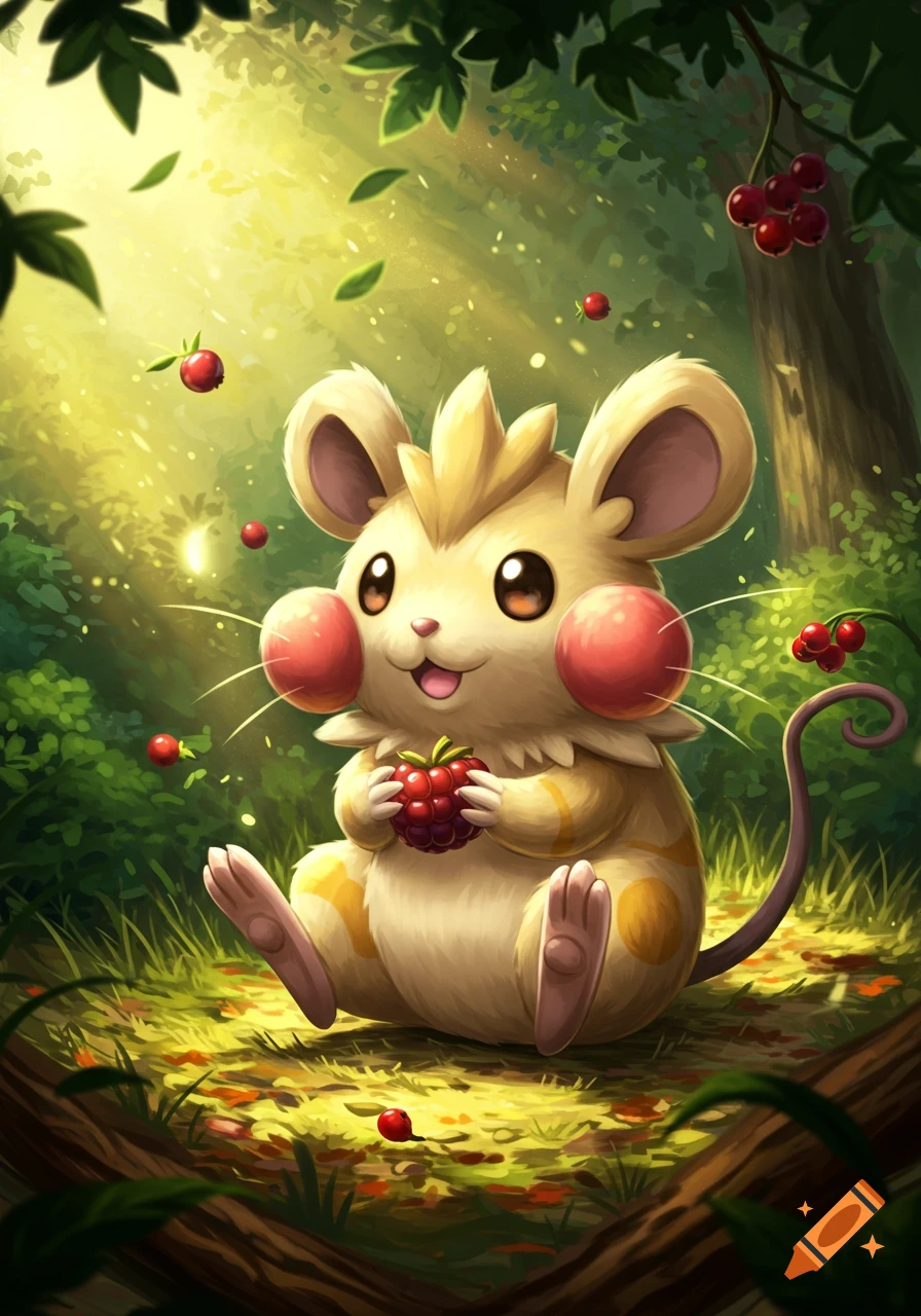 A cute, yellow, mouse-like creature with red cheek pouches sits on a sunlit forest floor, holding a red berry in its paws. Cartoon style.
