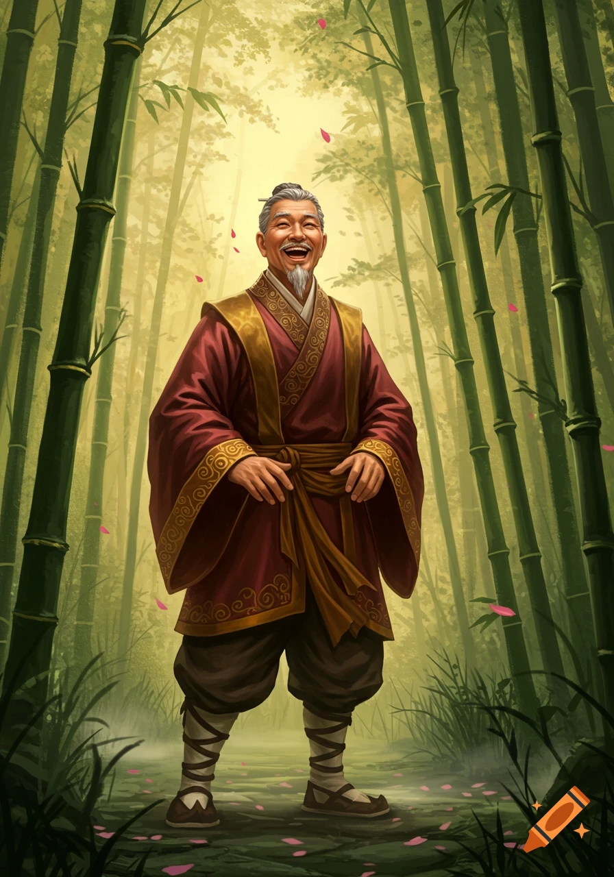 Cheerful ancient Chinese man in a red and gold robe stands laughing in a bamboo forest with pink petals falling. Illustration.