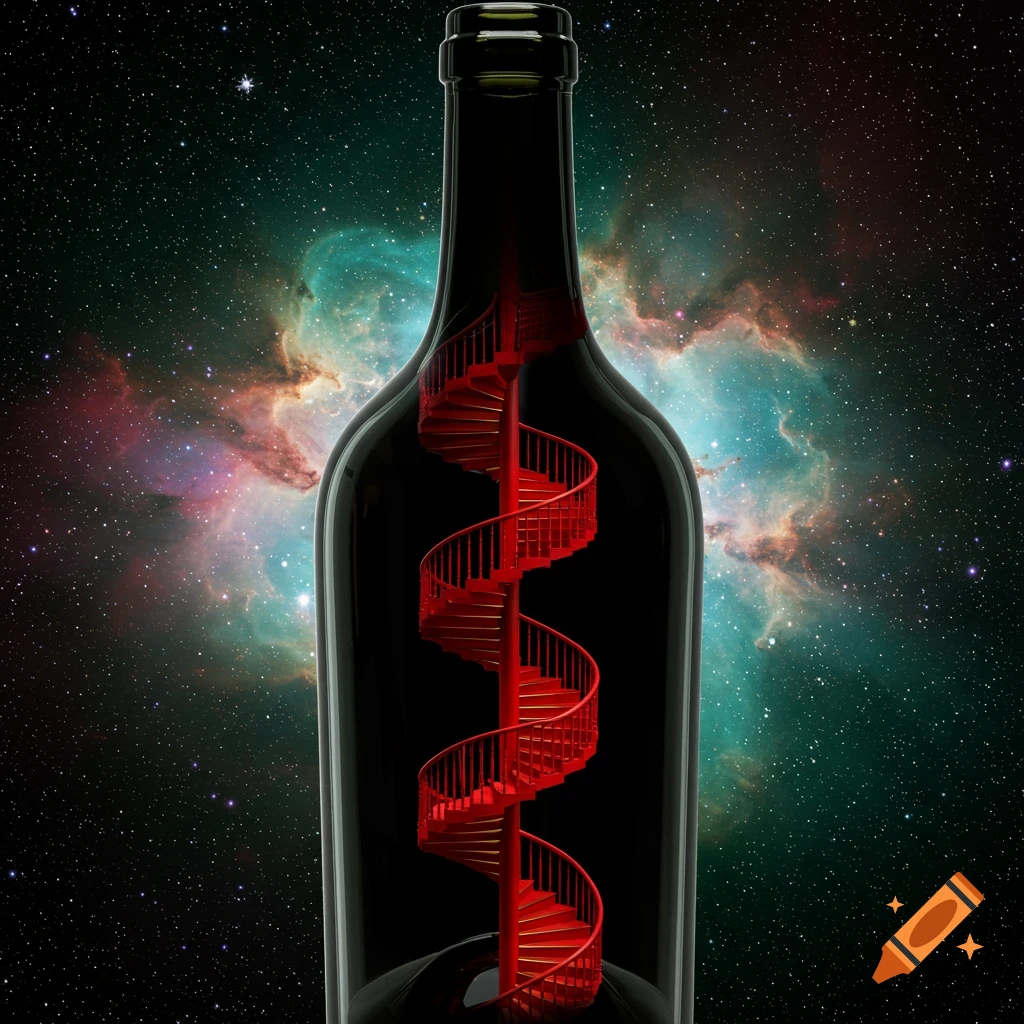 A red spiral staircase is contained within a dark wine bottle floating in front of a colorful nebula in deep space.