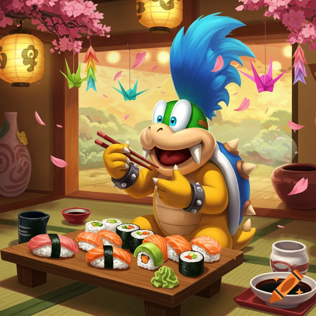 Larry Koopa eating sushi with chopsticks at a low table in a traditional Japanese room with cherry blossoms.