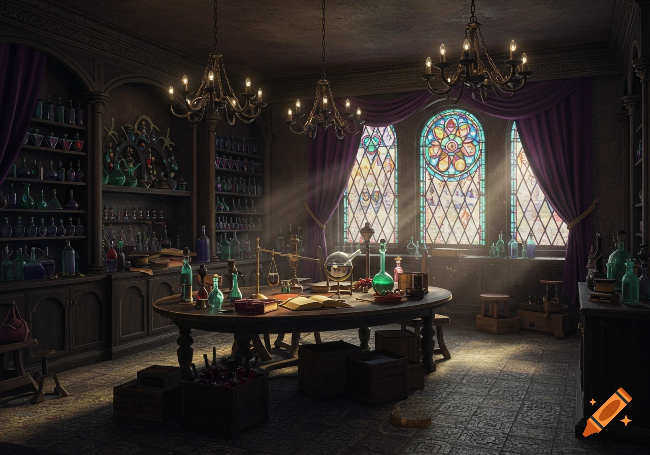 Detailed fantasy alchemy lab interior with shelves of colorful potion bottles, beakers on a wooden table, and sunbeams through stained-glass windows.