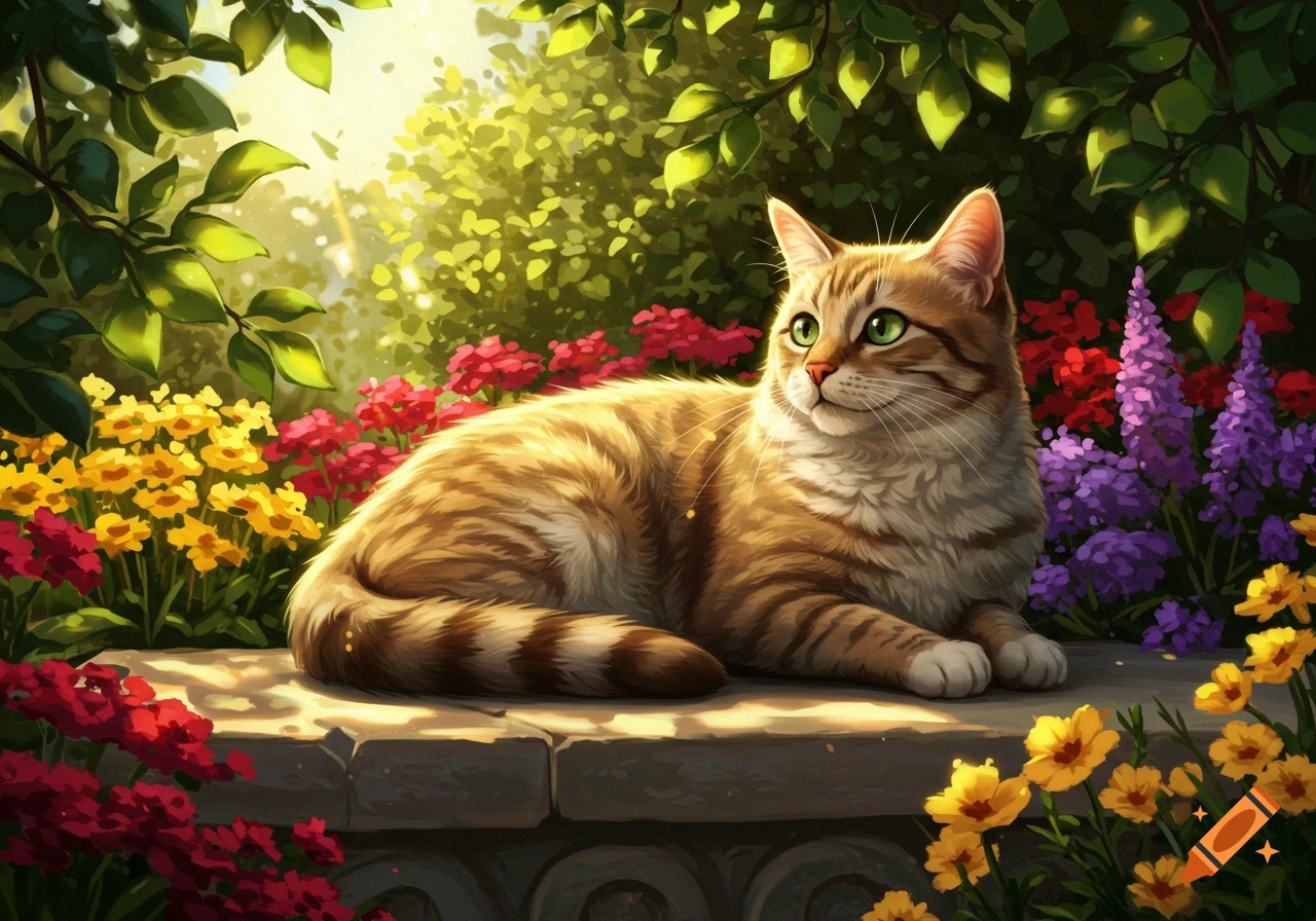 A fluffy orange tabby cat with bright green eyes lies on a stone wall in a sunlit garden, surrounded by vibrant red, yellow, and purple flowers and green foliage.