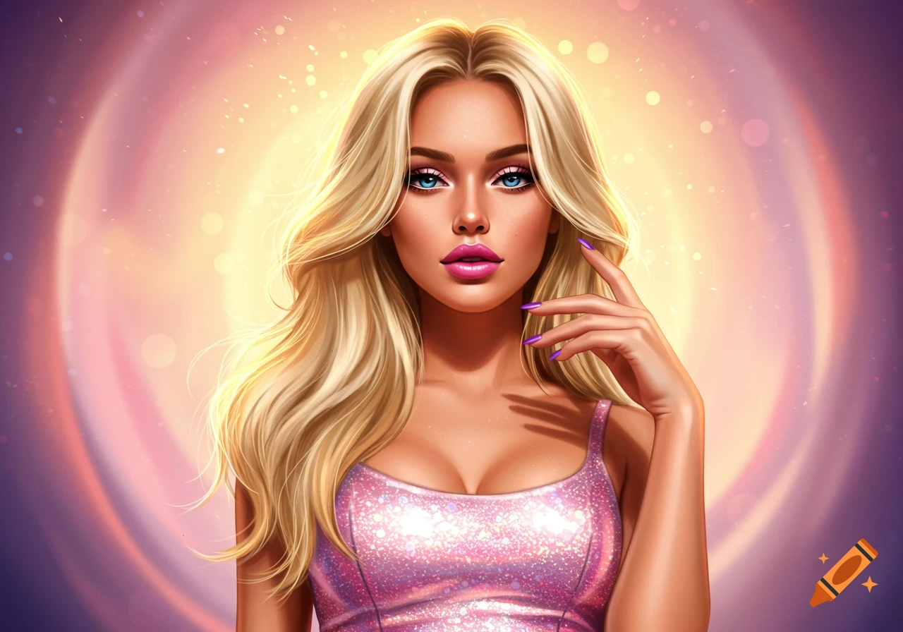 Stylized illustration of a blonde woman with blue eyes and pink lips, wearing a sparkly pink top, against a glowing purple and orange background.