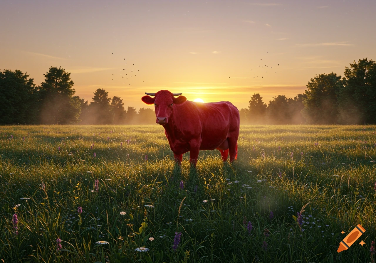 Photorealistic image of a red cow standing in a green field with wildflowers at sunset, trees in background.