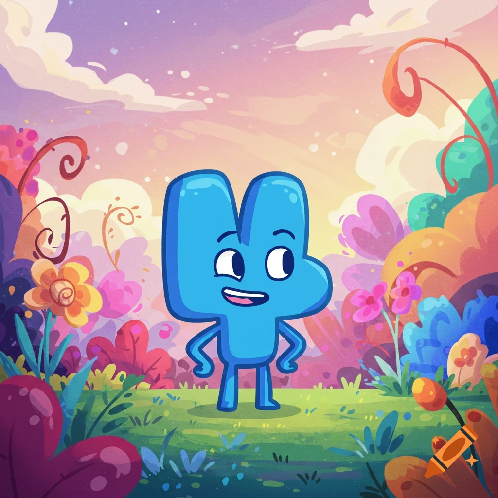 A vibrant cartoon depicting a blue, number-shaped character 'Four' smiling in a whimsical, colorful fantasy forest.