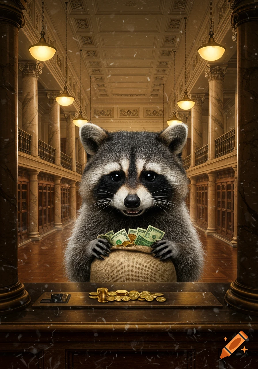 A photorealistic raccoon behind a bank counter holds a sack of money and gold coins in a grand bank hall.