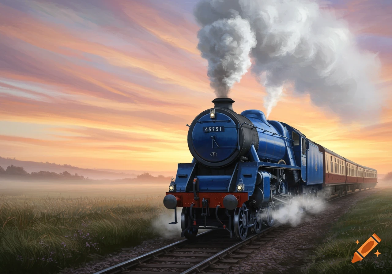 A blue steam locomotive pulls coaches on a track through a misty field at sunrise in a painterly style.