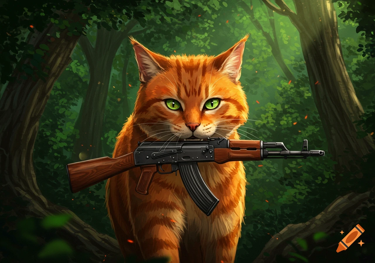 An orange cat with green eyes, stylized as Firestar, holding an AK-47 rifle in its mouth in a vibrant forest.