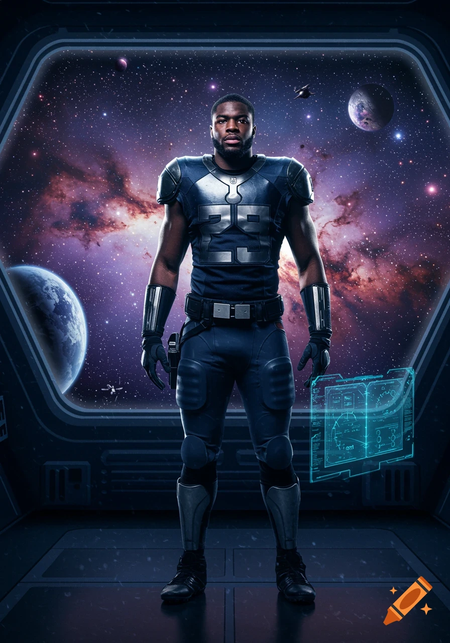 A man in a futuristic armored suit stands in a spaceship, gazing out a hexagonal window at a vibrant galaxy, planets, and stars.