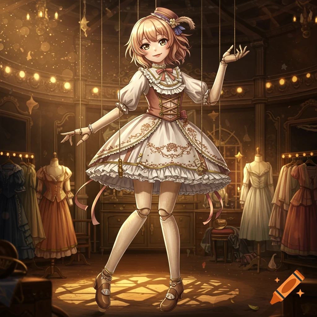 An anime puppet girl in a frilly dress stands with strings attached in a warmly lit, elegant dress shop.