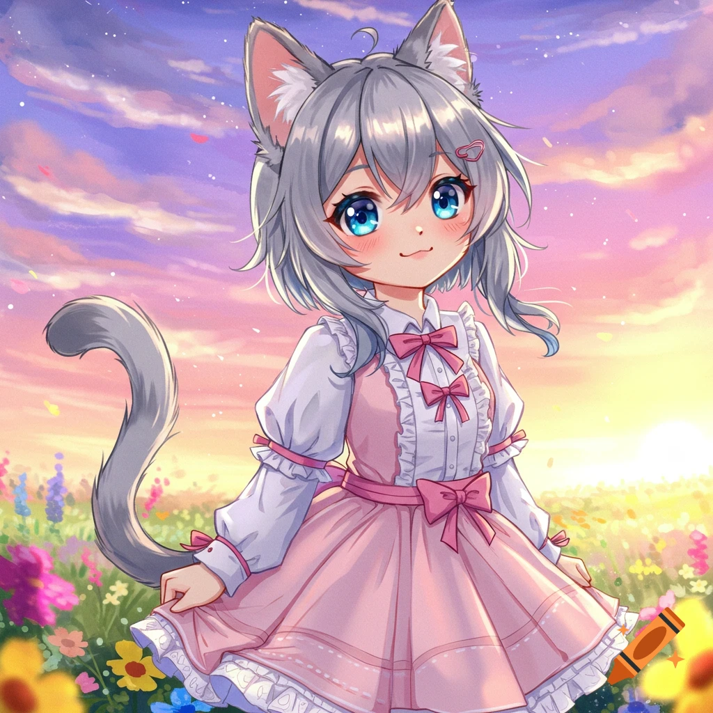 A cute anime cat girl with grey hair and blue eyes, wearing a pink dress, stands in a colorful flower field at sunset.