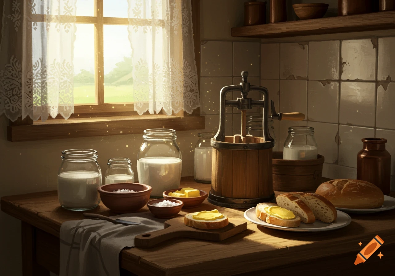 A rustic kitchen counter with milk jars, a butter churn, bread, and buttered slices of bread, bathed in warm sunlight.