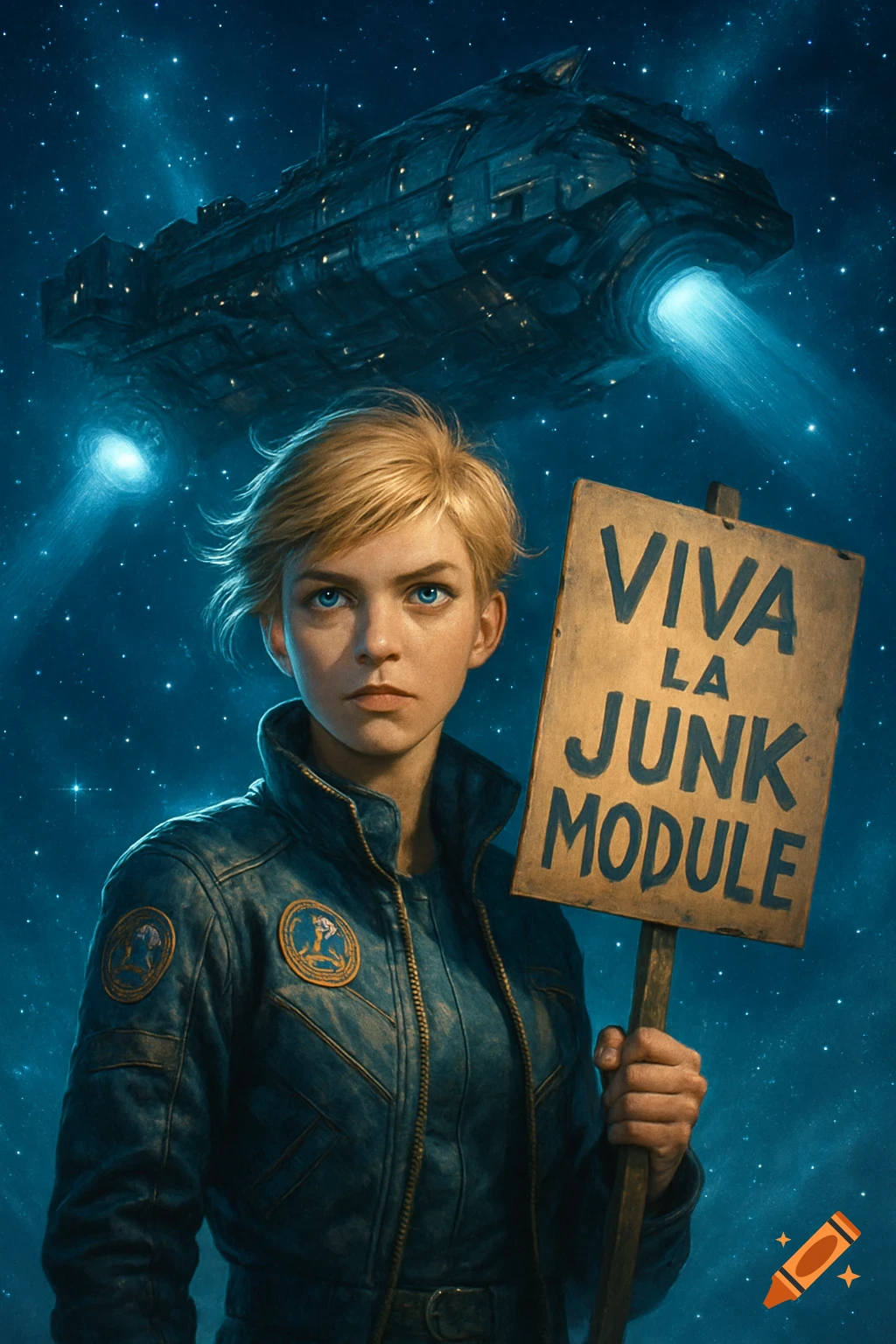 A blonde woman with blue eyes, wearing a blue jacket, holding a sign that says 'VIVA LA JUNK MODULE' in front of a large spaceship and starry sky.