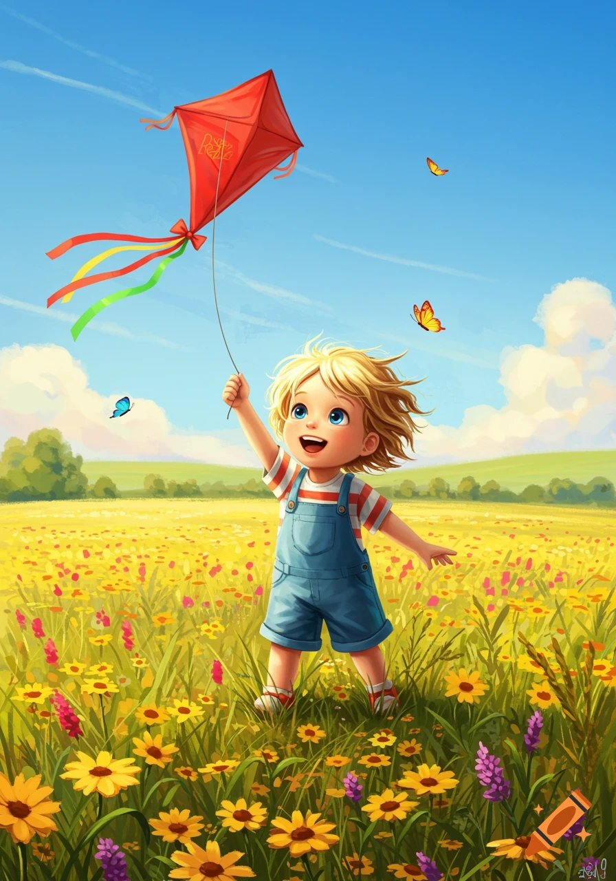 Happy blonde child in overalls flying a red kite in a field of yellow flowers under a sunny sky, illustration.