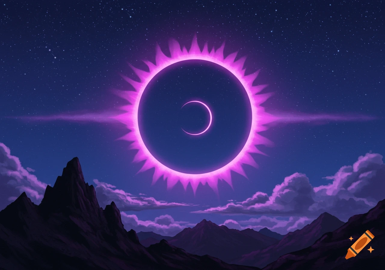 A vibrant purple total eclipse in a starry night sky above dark mountains and purple clouds.