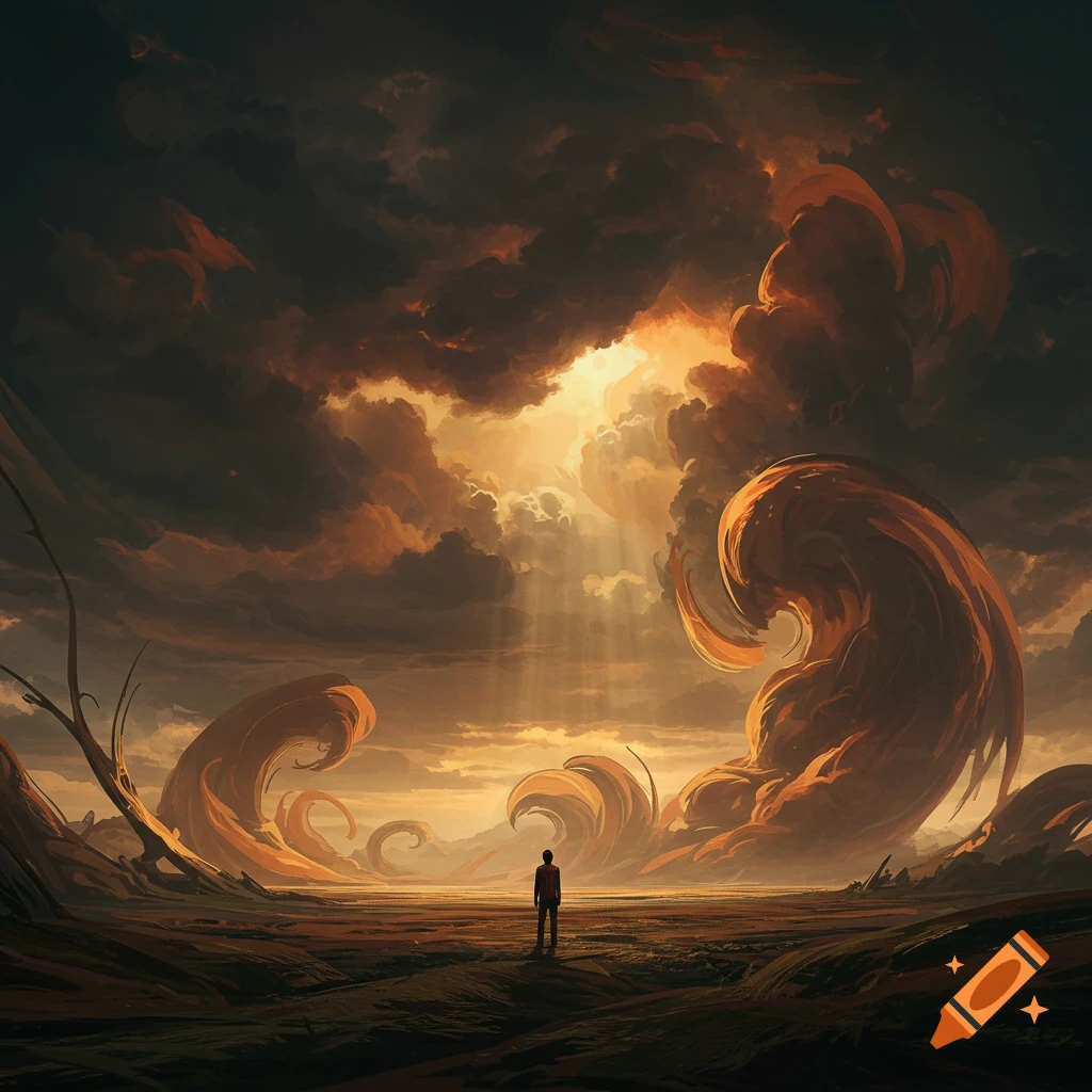A person stands in a desolate, surreal landscape under a dramatic stormy sky with swirling orange clouds and sun rays, fantasy art.