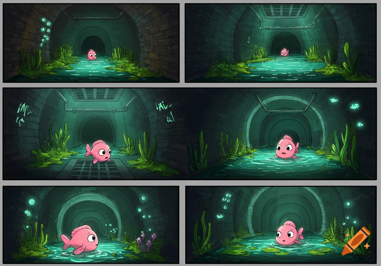 A cartoon pink fish floats through a dark, glowing sewer in a six-panel comic strip, Pixar-esque style.