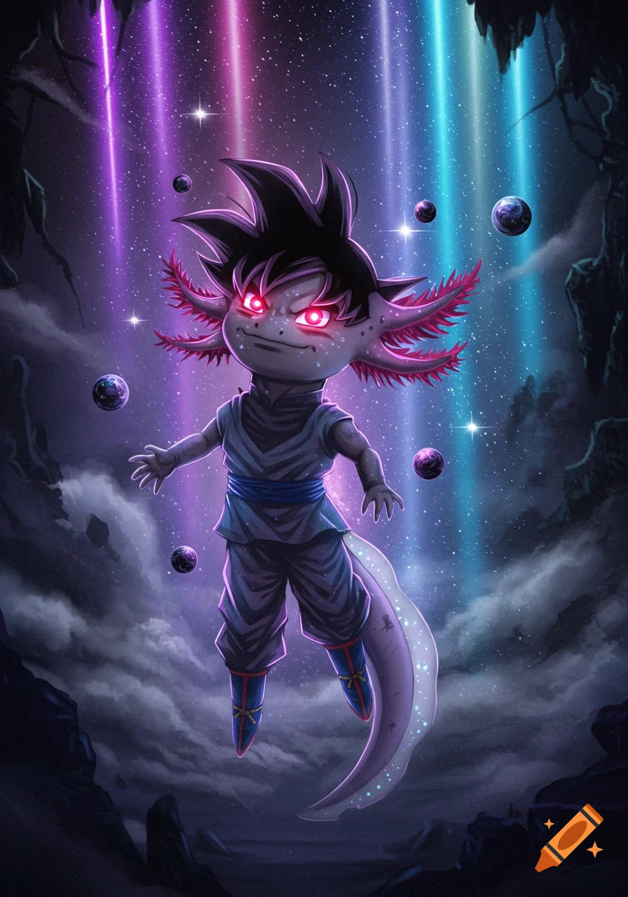 A dark Axolotl Goku character with glowing red eyes floats in a vibrant cosmic sky among stars, clouds, and purple light beams.